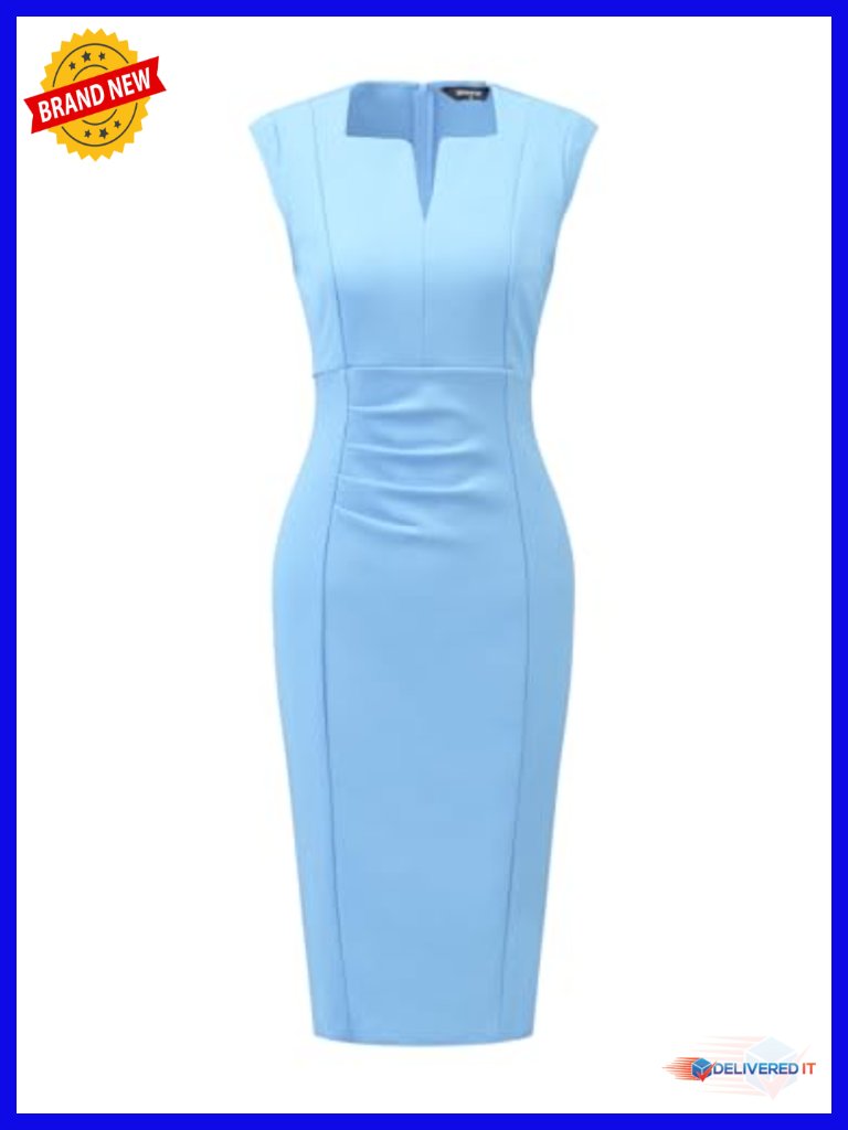 Women's Sheath Dress Pencil Work Sleeveless V-Neck Ruched Front Office Dress